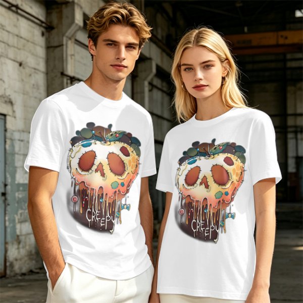 Olive Green T-Shirt With Creepy Melting Skull Apple Graphic