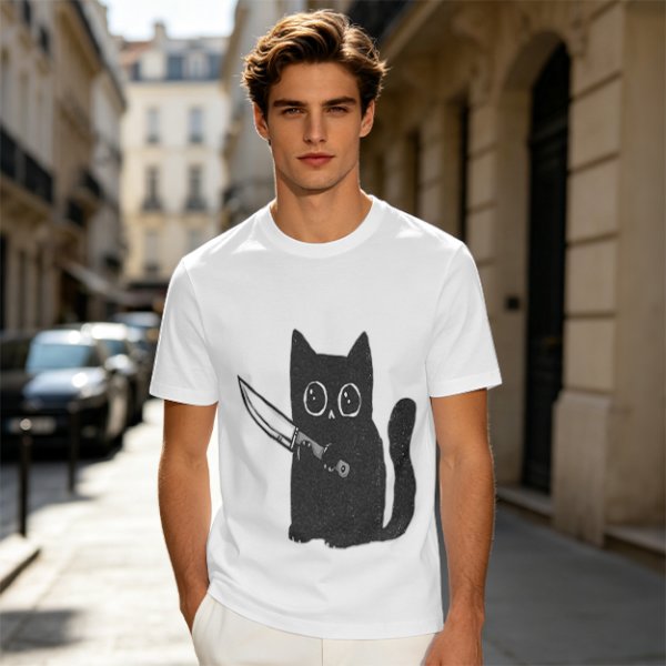Olive T-Shirt With Cute Black Cat Holding Knife Graphic