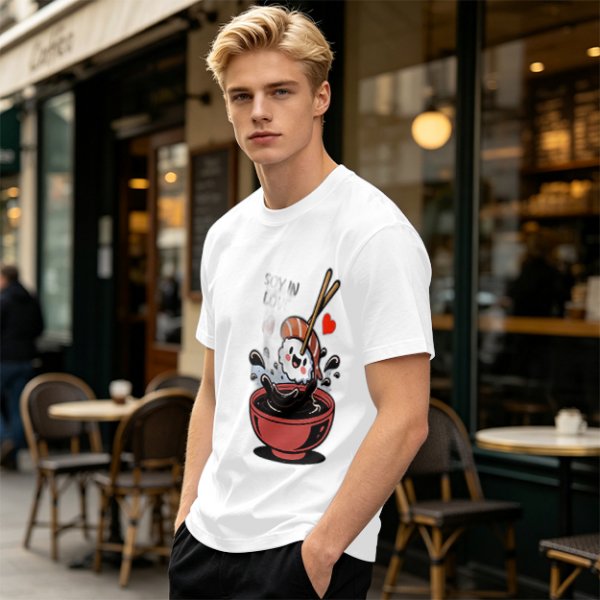 Olive T-shirt with Cute Sushi Dipping in Soy Sauce Graphic