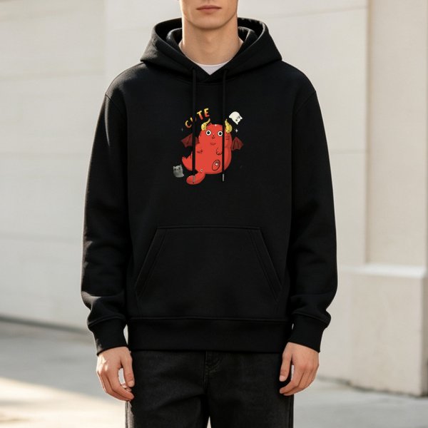 Black Hoodie With Cute Devil Cat And Ghost Graphic Print