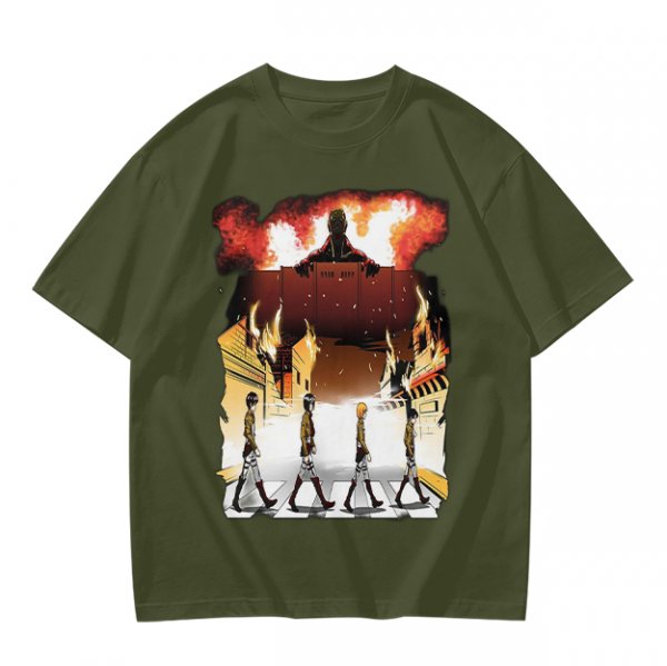 Olive T-Shirt With Anime Characters Crossing Burning Street Print