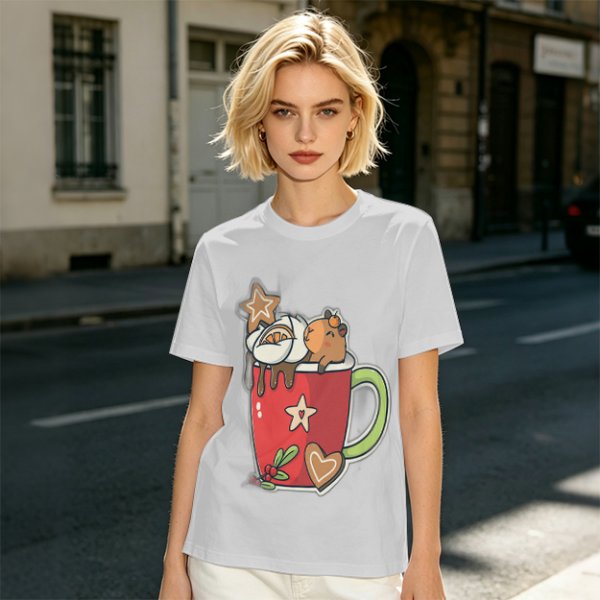 Olive T-Shirt With Cute Capybara In Christmas Hot Cocoa Mug Print