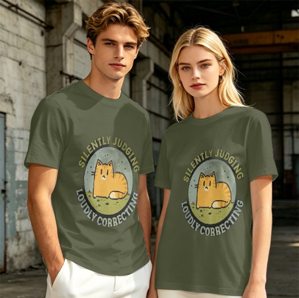 Olive T-Shirt With Silently Judging Loudly Correcting Cat Print