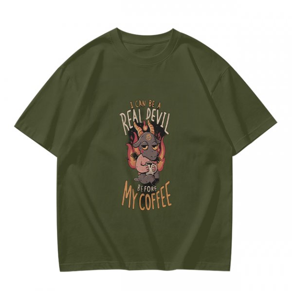 Olive graphic t-shirt with 'I can be a real devil before my coffee' print