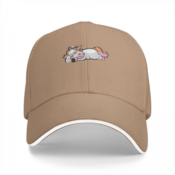 Black baseball cap with a lazy sleeping unicorn graphic