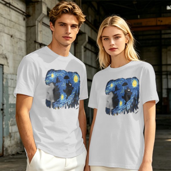 Olive T-Shirt with Starry Night Style Cat Graphic Print