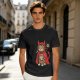 Olive T-shirt with a tabby cat in a devil hood and skull cat graphic