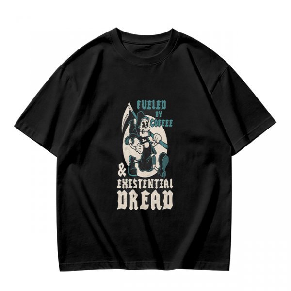 Olive graphic t-shirt with 'Fueled by Coffee & Existential Dread' grim reaper print