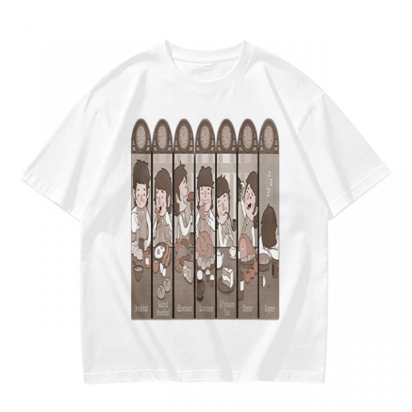 Olive Green T-Shirt with Cartoon Medieval Tavern Scene Print