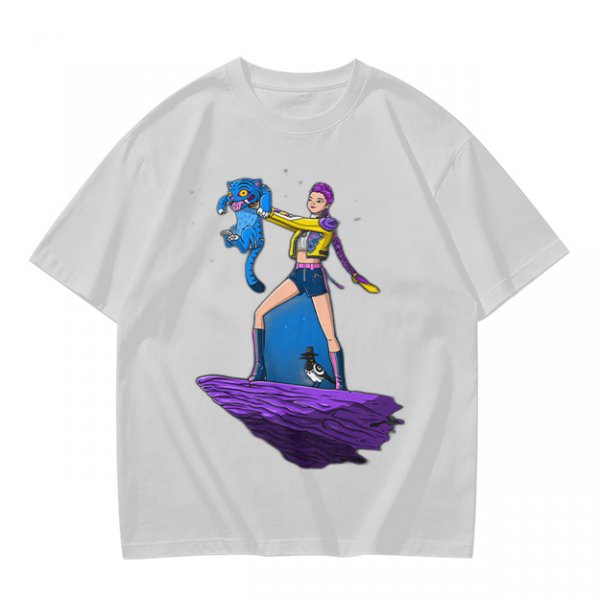 Olive T-shirt with Art Print of Girl Holding Blue Creature on Floating Rock