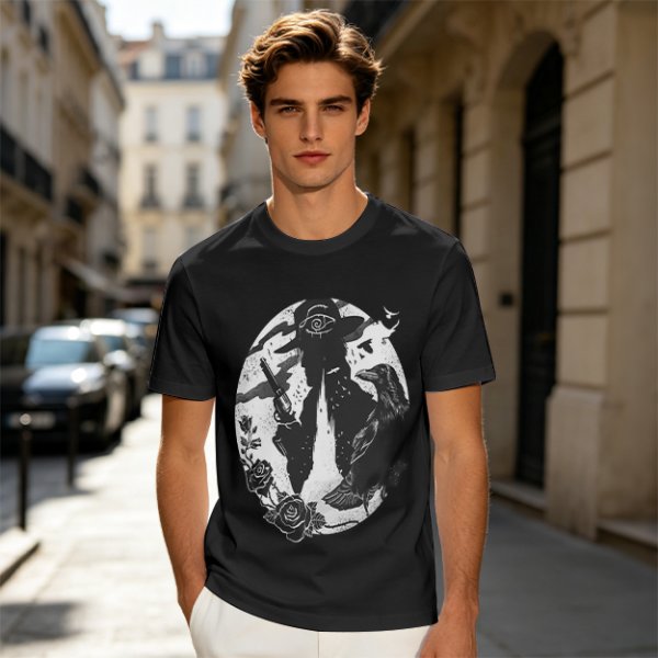 Olive T-Shirt With Western Gunslinger Crow And Roses Graphic