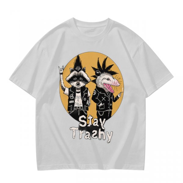 Olive graphic tee with punk raccoon and opossum 'Stay Trashy' print