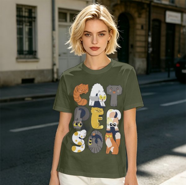 Olive T-Shirt With Cute Cat Letter Graphic Design