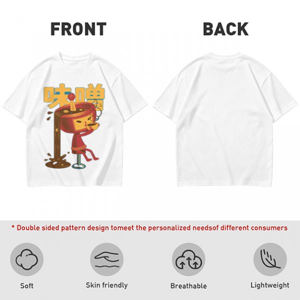Olive green t-shirt with whimsical miso character graphic print