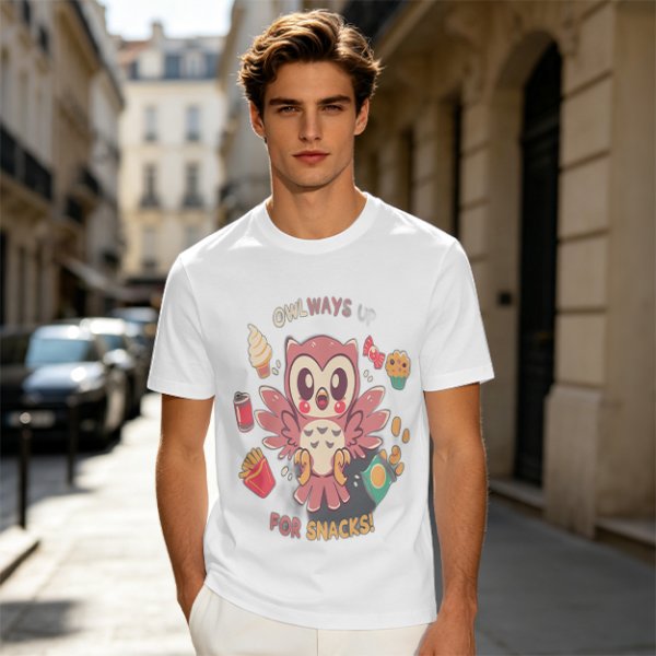 Owlways For Snacks Cute Graphic T-Shirt with Owl and Treats