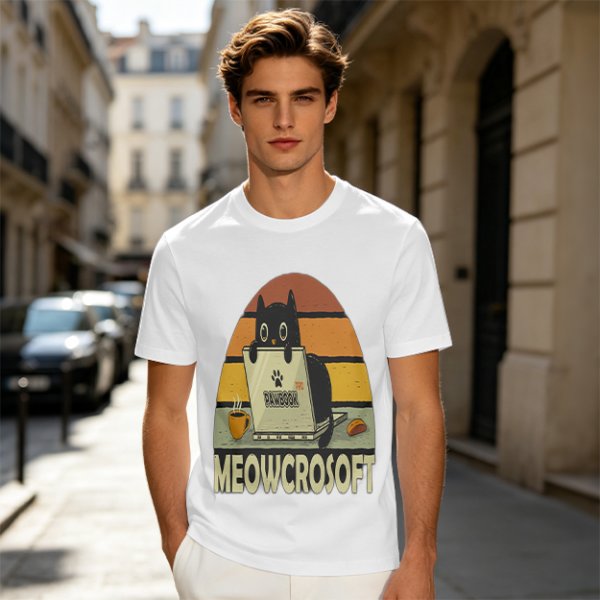 Olive t-shirt with black cat using laptop and Meowcrosoft text