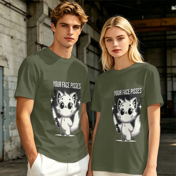 Olive graphic t-shirt with angry cartoon cat holding knife