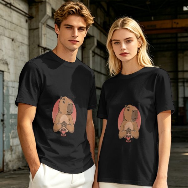 Olive Green T-Shirt With Cute Praying Capybara Graphic