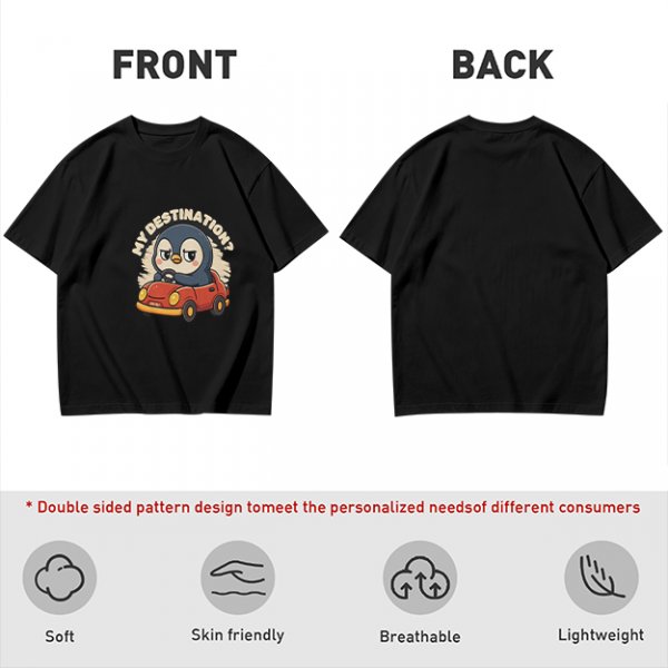 Olive T-Shirt With Cartoon Penguin Driving Car 'My Destination?' Print