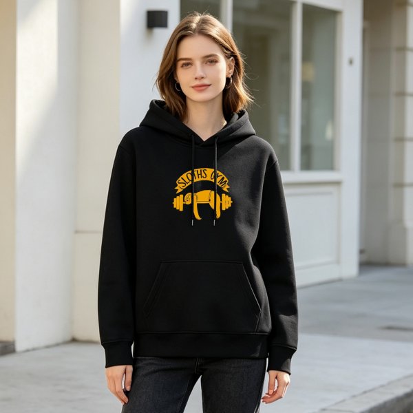 Black hoodie with Sloths Gym sloth lifting barbell graphic