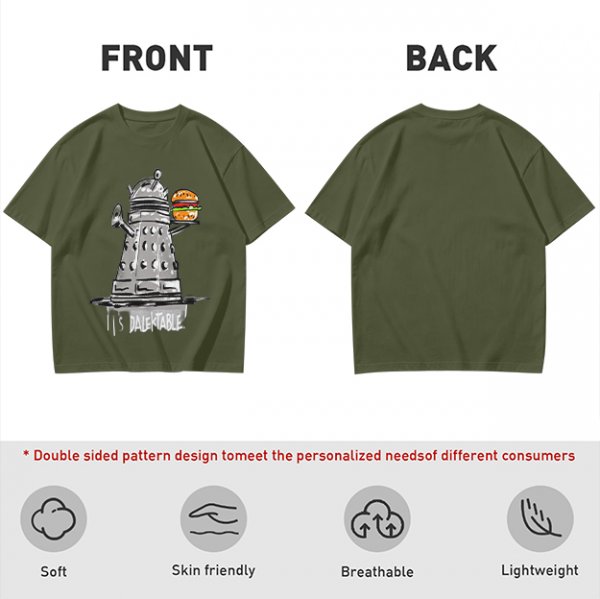 Olive t-shirt with Dalek holding burger and 'It's Dalektable' print
