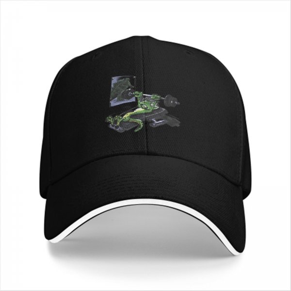 Black baseball cap with a green frog bench pressing weight design