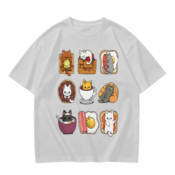 Olive T-Shirt With Cute Breakfast Cat Graphic Print