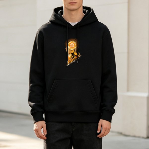 Black hoodie with glowing orange anime-style graphic print