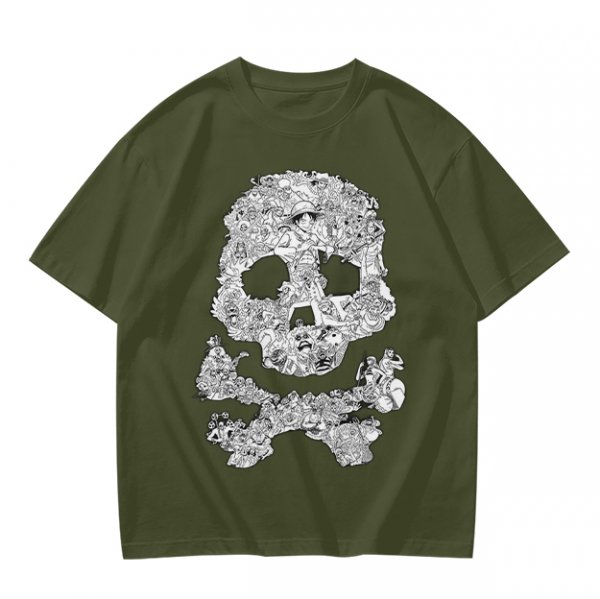 Olive T-shirt with Detailed Skull and Crossbones Graphic