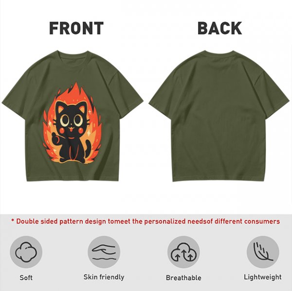 Olive T-Shirt With Cute Black Cat Thumbs Up On Flames Graphic