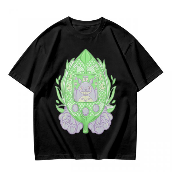Olive Green T-Shirt With Leaf Shaped Tamagotchi Totoro Print