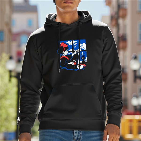 Black hoodie with anime witch and cat window print