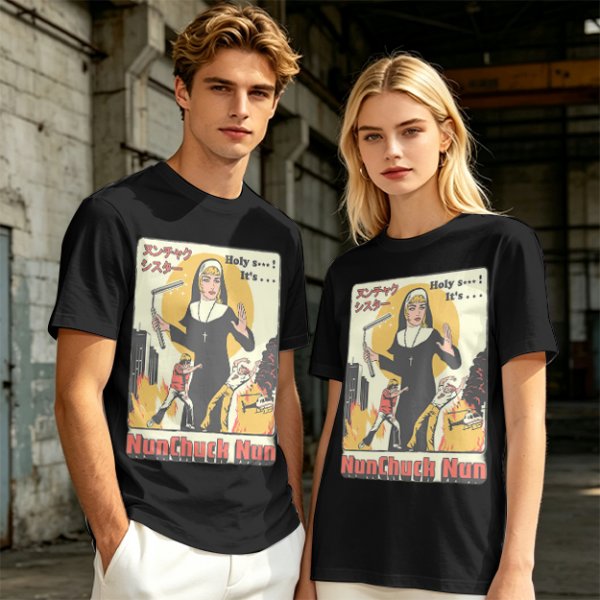 Olive T-shirt with Nunchuck Nun Action Graphic Print