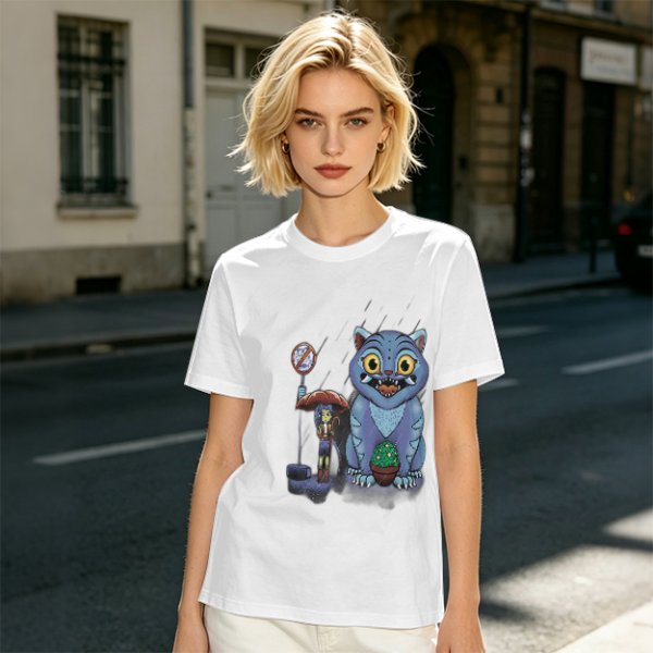 Olive T-Shirt With Whimsical Blue Cat And Mushroom Figure Print