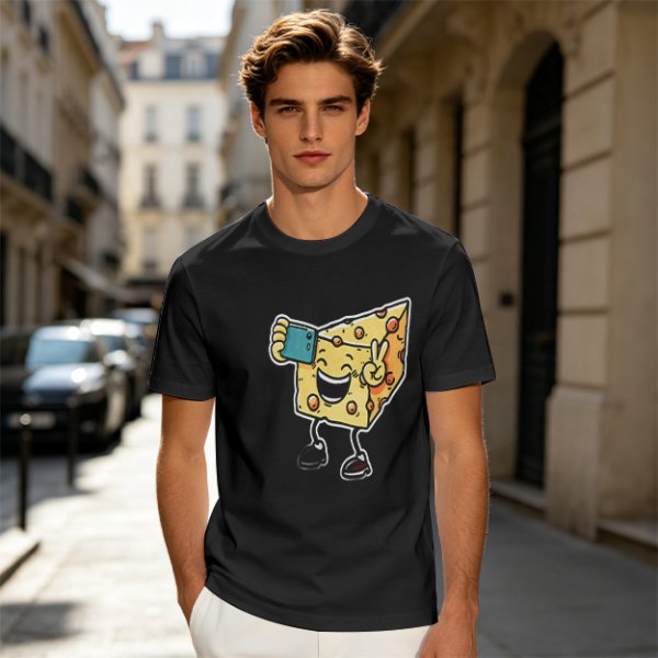 Olive T-shirt with a cartoon cheese taking a selfie and making a peace sign