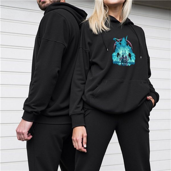 Black Hoodie With Fantasy Ice Castle Warrior Graphic Print