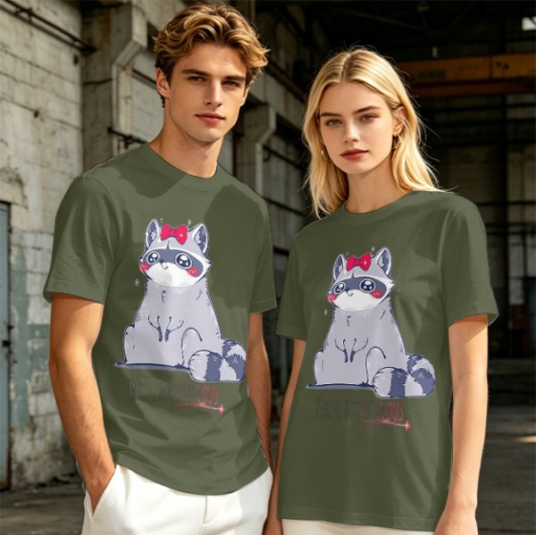 Olive T-shirt with Cute Raccoon Wearing Red Bow Graphic