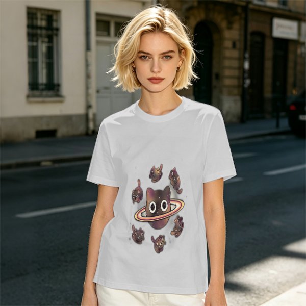 Olive T-Shirt With Saturn Cat And Kittens Space Print