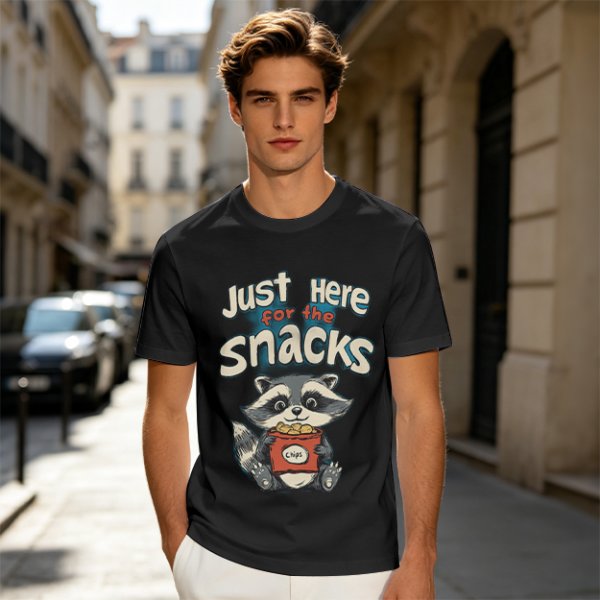 Olive green t-shirt with 'Just Here for the Snacks' and raccoon graphic