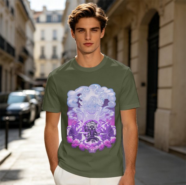 Olive T-shirt with Luffy Gear 5 Sun God Nika Anime Graphic Print