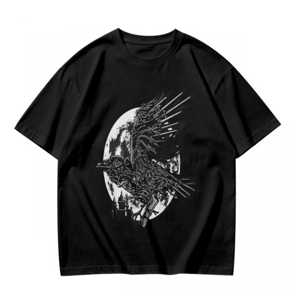 Olive Graphic T-Shirt with Mechanical Raven and Full Moon Print