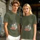 Olive green t-shirt with whimsical elf and dog artwork