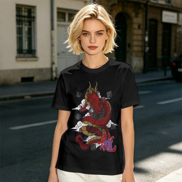 Olive T-shirt with Red Chinese Dragon and Cloud Graphic Print