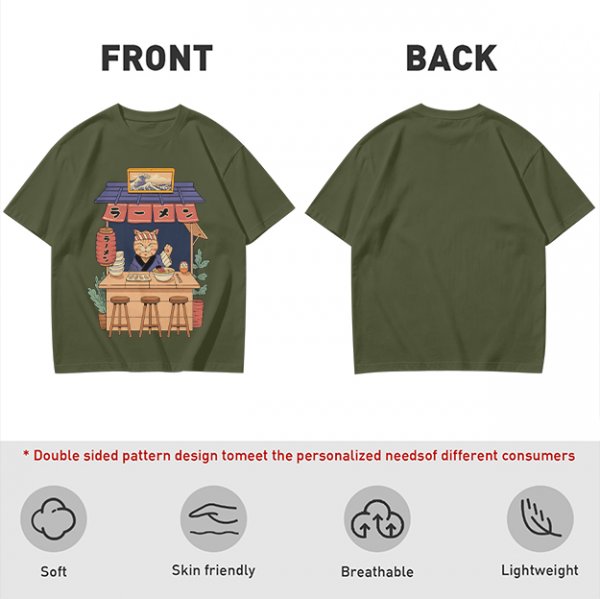 Olive T-Shirt with Cat Ramen Shop Artwork