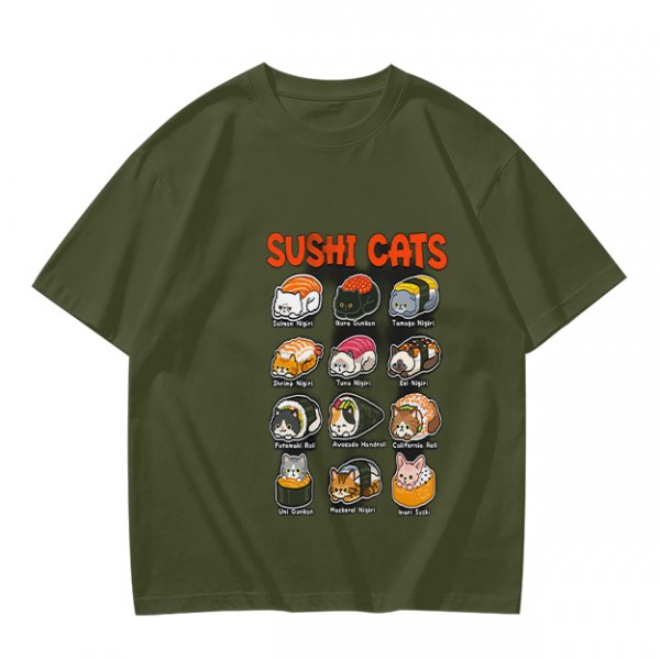 Olive T-Shirt With Sushi Cats Graphic Print