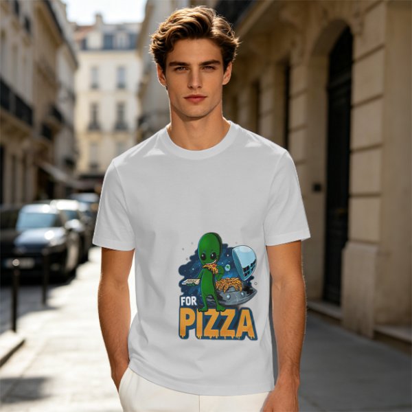 Olive Green T-Shirt with Alien Eating Pizza UFO Graphic
