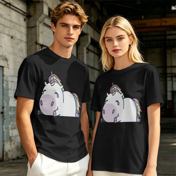 Olive Green T-Shirt With Crying Chubby Unicorn Rainbow Print