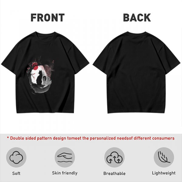 Olive T-Shirt with Japanese Style Cat and Red Sun Art Print