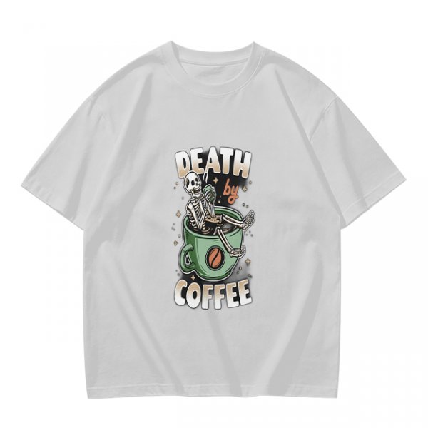 Oversized Army Green T-Shirt With 'Death By Coffee' Skeleton Print
