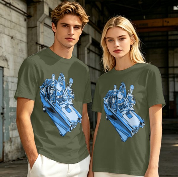 Olive T-shirt with retro blue cartoon car and characters graphic